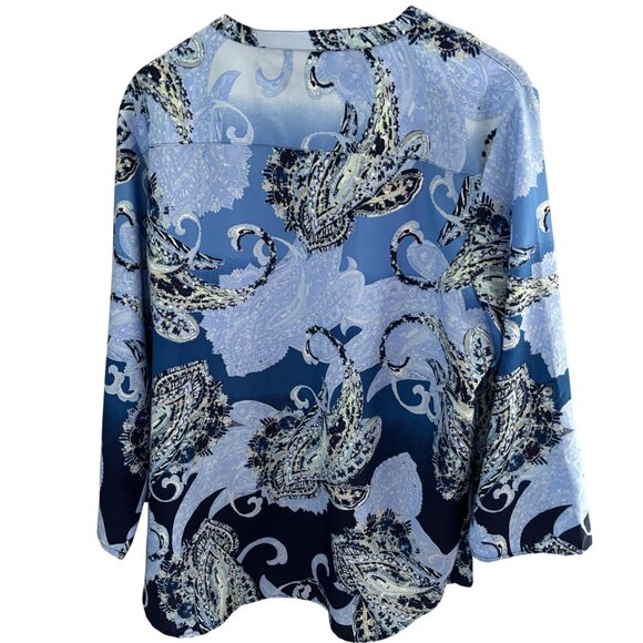 Chico's Blue Swirl Paisley Split V-Neck Tunic Blouse Top Sz 3 XL Long Sleeve - Picture 3 of 7